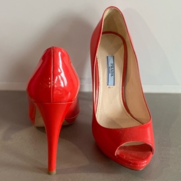 Prada Red Patent Peep-Toe Pumps - Picture 5 of 9